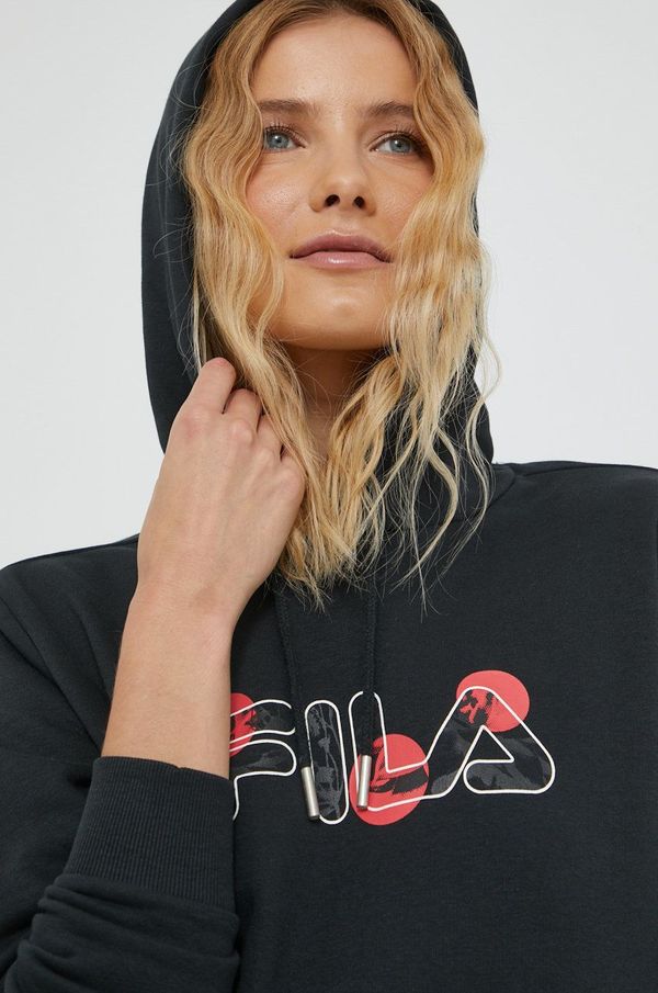 Fila Dukserica Fila za žene, boja: crna, s kapuljačom, s tiskom