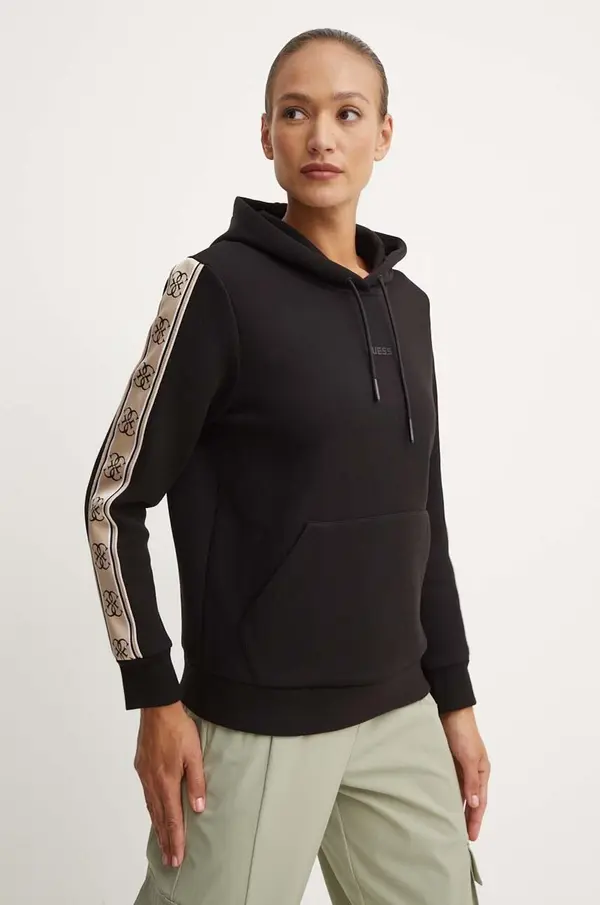 Guess Dukserica Guess CARLA za žene, boja: crna, s kapuljačom, s aplikacijom, V4YQ11 KB3P2