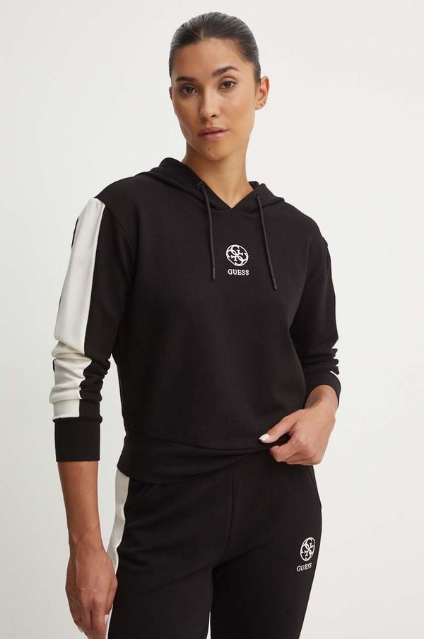 Guess Dukserica Guess ELÉA za žene, boja: crna, s kapuljačom, s uzorkom, V4YQ02 KCDN0