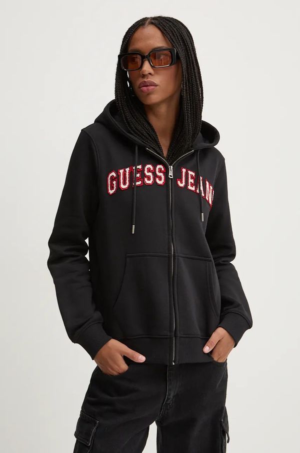 Guess Jeans Dukserica Guess Jeans za žene, boja: crna, s kapuljačom, s aplikacijom, W4YQ14 KC811