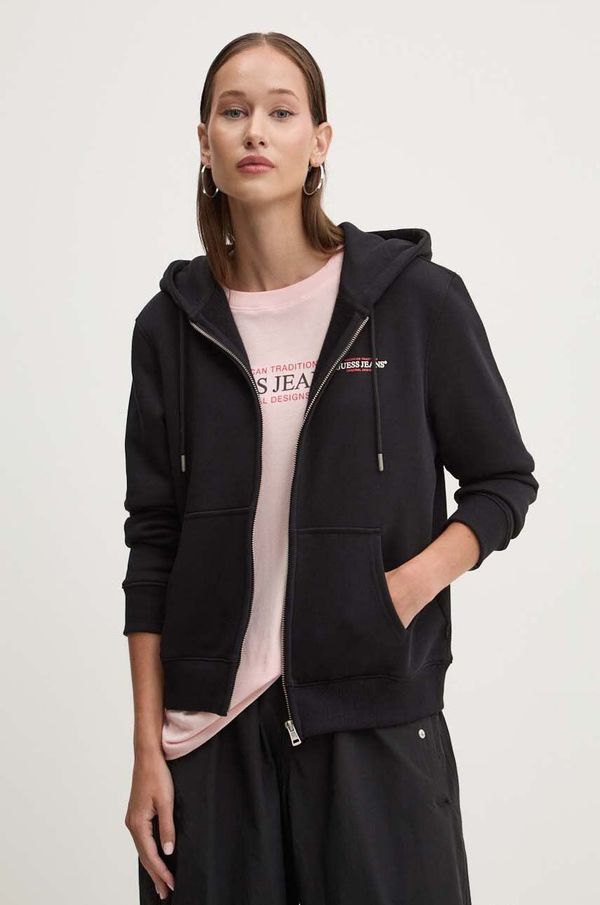 Guess Jeans Dukserica Guess Jeans za žene, boja: crna, s kapuljačom, s tiskom, W4YQ13 KC811