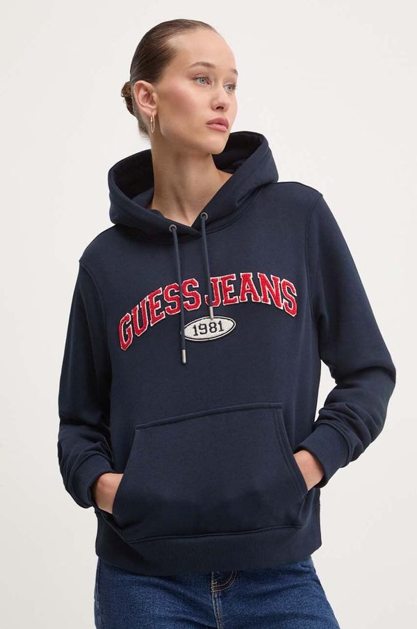 Guess Jeans Dukserica Guess Jeans za žene, boja: tamno plava, s kapuljačom, s aplikacijom, W4YQ09 KC811