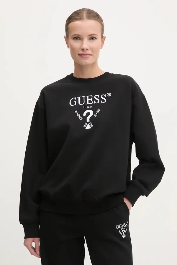 Guess Dukserica Guess ROBERTA za žene, boja: crna, s aplikacijom, V5RQ12 KC3D2