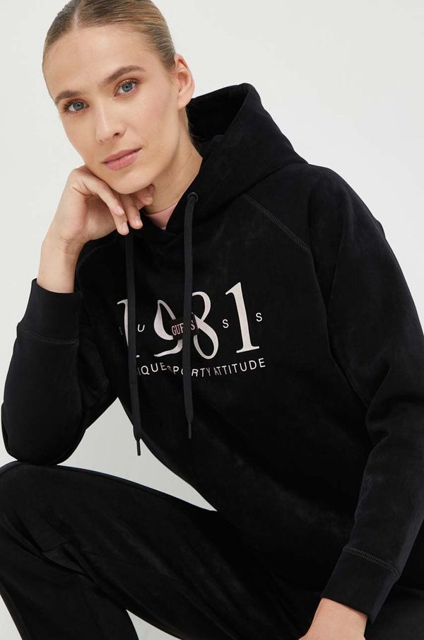 Guess Dukserica Guess za žene, boja: crna, s kapuljačom, s tiskom