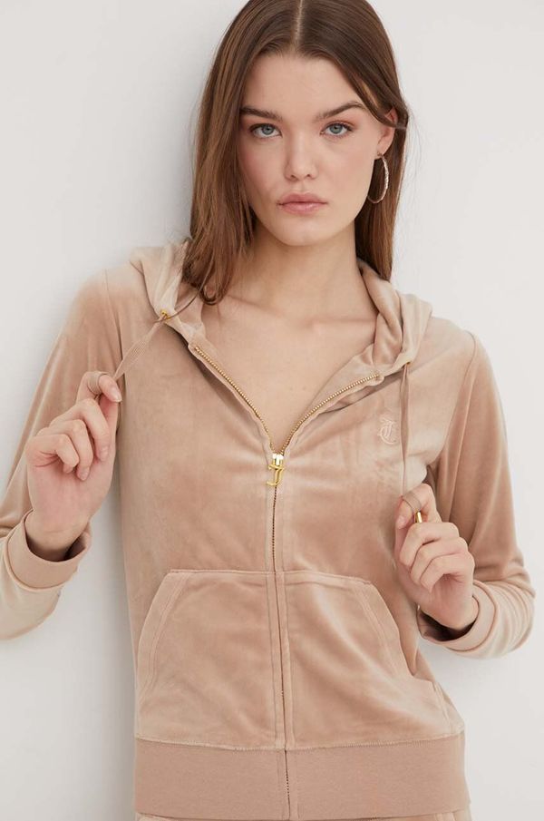 Juicy Couture Dukserica od velura Juicy Couture boja: bež, s kapuljačom, bez uzorka