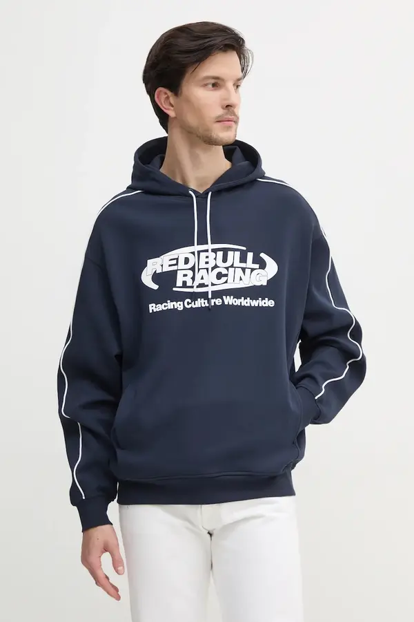 Red Bull Racing x Pepe Jeans Dukserica Red Bull Racing x Pepe Jeans LOGO PIPING HOODY za muškarce, boja: tamno plava, s kapuljačom, s tiskom, RM580014