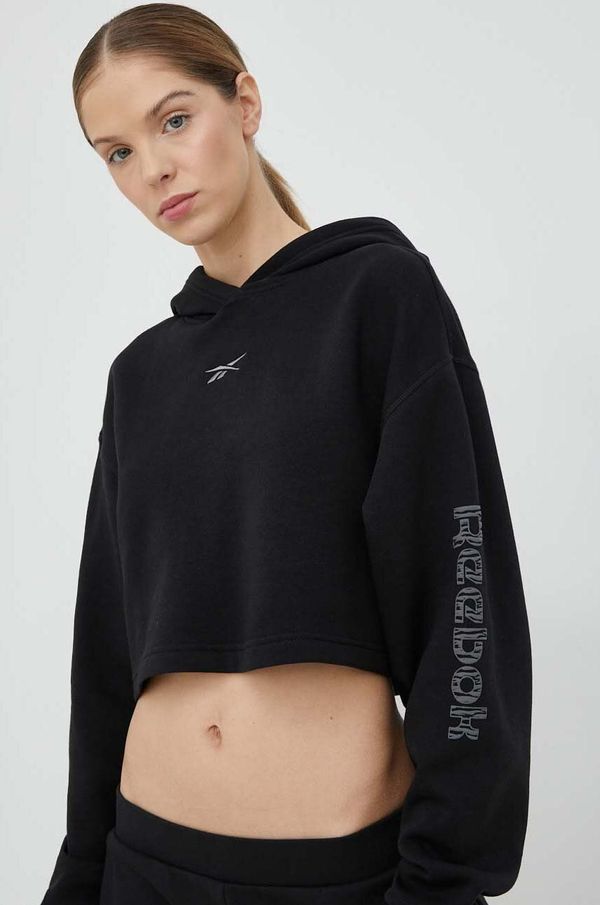 Reebok Dukserica Reebok za žene, boja: crna, s kapuljačom, s tiskom