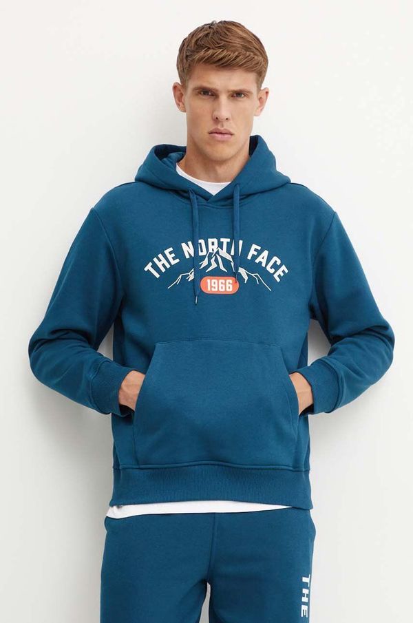 The North Face Dukserica The North Face Hoodie Varsity Graphic za muškarce, boja: tirkizna, s kapuljačom, s tiskom, NF0A89DJ1NO1