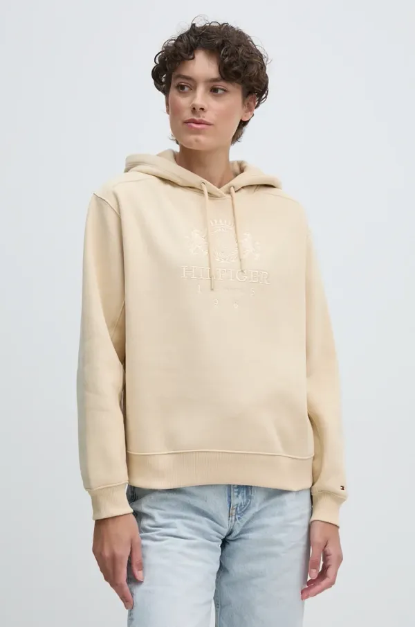 Tommy Hilfiger Dukserica Tommy Hilfiger za žene, boja: bež, s kapuljačom, s aplikacijom, WW0WW42888