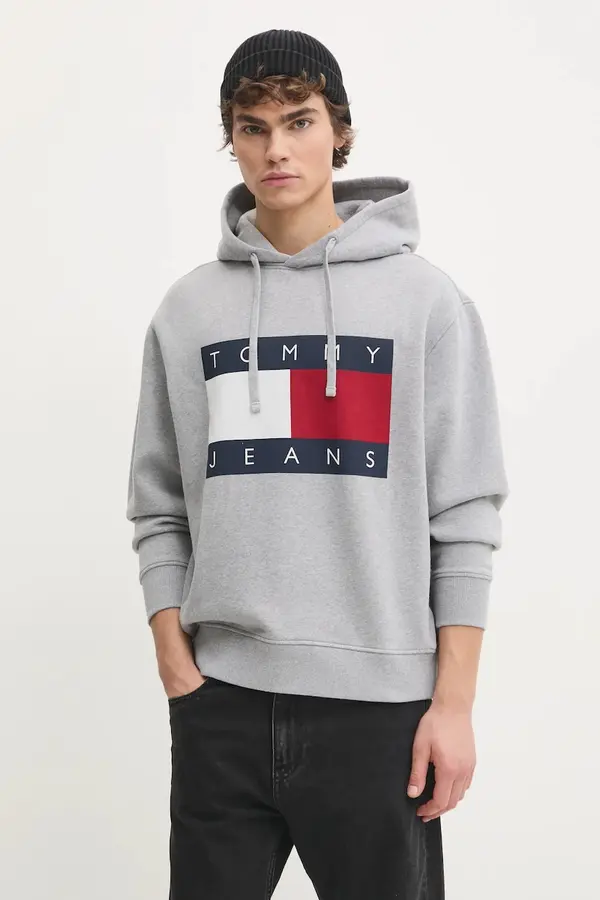Tommy Hilfiger Dukserica Tommy Jeans za muškarce, boja: siva, s kapuljačom, s tiskom, DM0DM21174