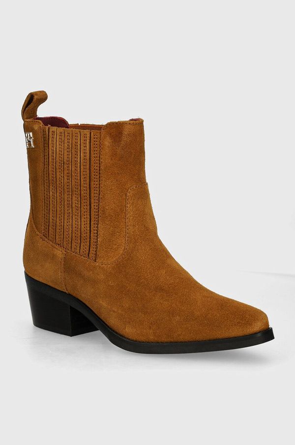 Tommy Hilfiger Gležnjače od brušene kože Tommy Hilfiger TH SUEDE COWBOY BOOT za žene, boja: smeđa, s debelom potpeticom, FW0FW08034