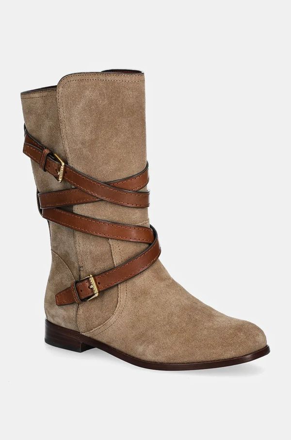 Lauren Ralph Lauren Gležnječe od brušene kože Lauren Ralph Lauren Briannah za žene, boja: bež, ravni potplat, 802951233001