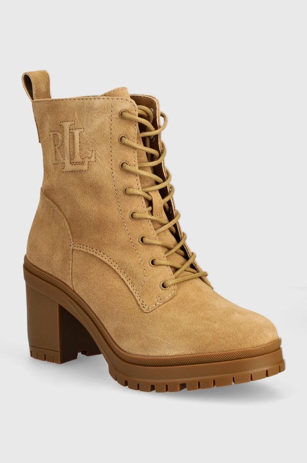 Lauren Ralph Lauren Gležnječe od brušene kože Lauren Ralph Lauren Cameron za žene, boja: bež, s debelom potpeticom, 802942568001