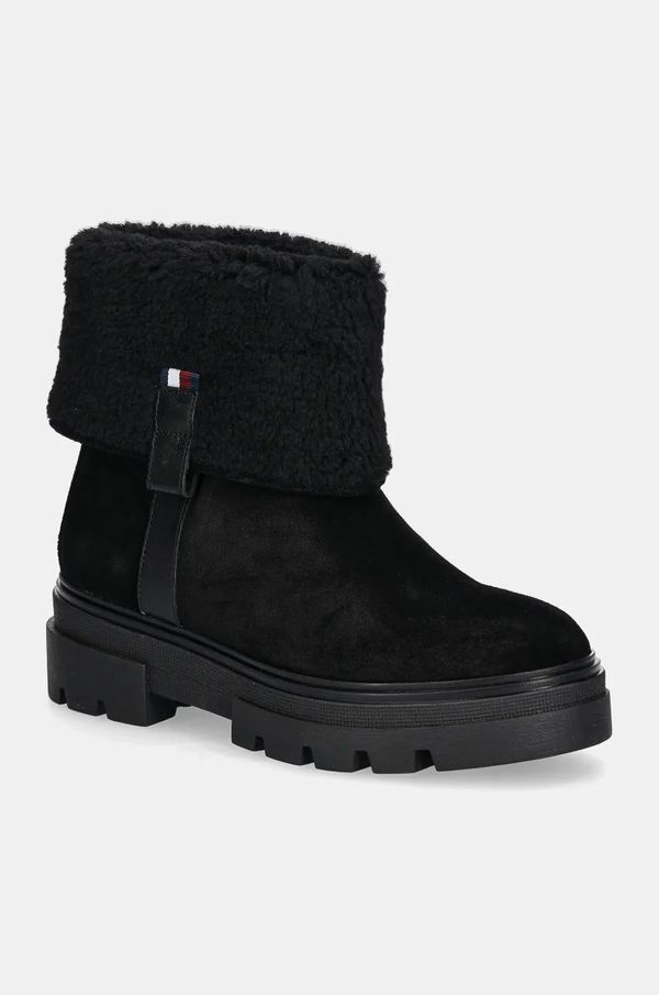 Tommy Hilfiger Gležnječe od brušene kože Tommy Hilfiger FAUX FUR SUEDE ROLL-DOWN BOOT boja: crna, ravni potplat, s toplom podstavom, FW0FW08158