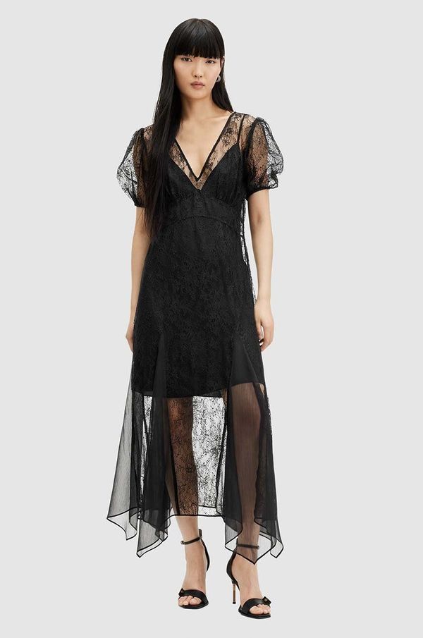 AllSaints Haljina AllSaints RAYNA LACE DRESS boja: crna, maxi, širi se prema dolje, WD574Z