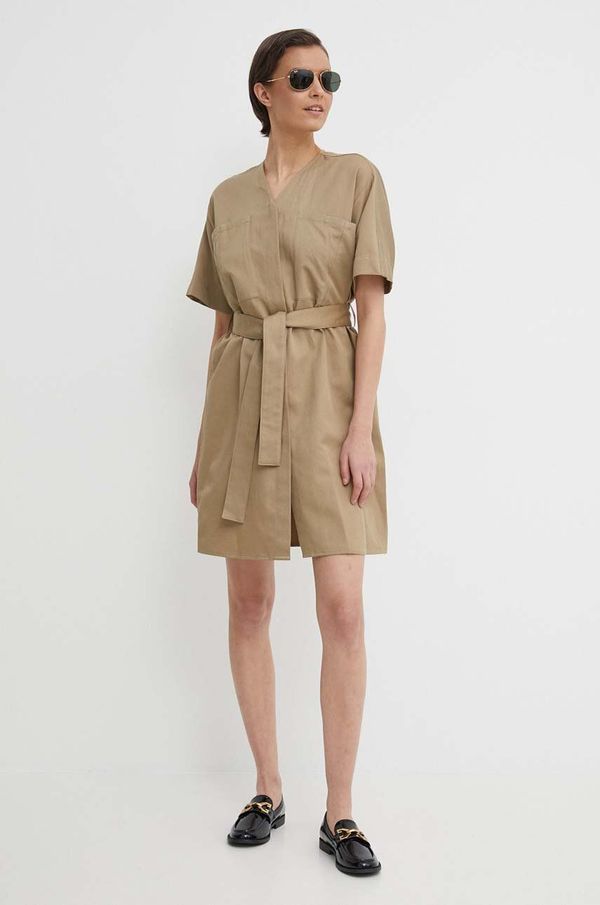 Calvin Klein Haljina s dodatkom lana Calvin Klein boja: zelena, mini, širi se prema dolje, K20K206947