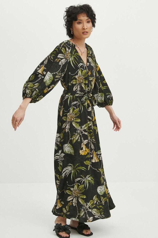 Medicine Haljina s dodatkom lana Medicine boja: crna, maxi, širi se prema dolje