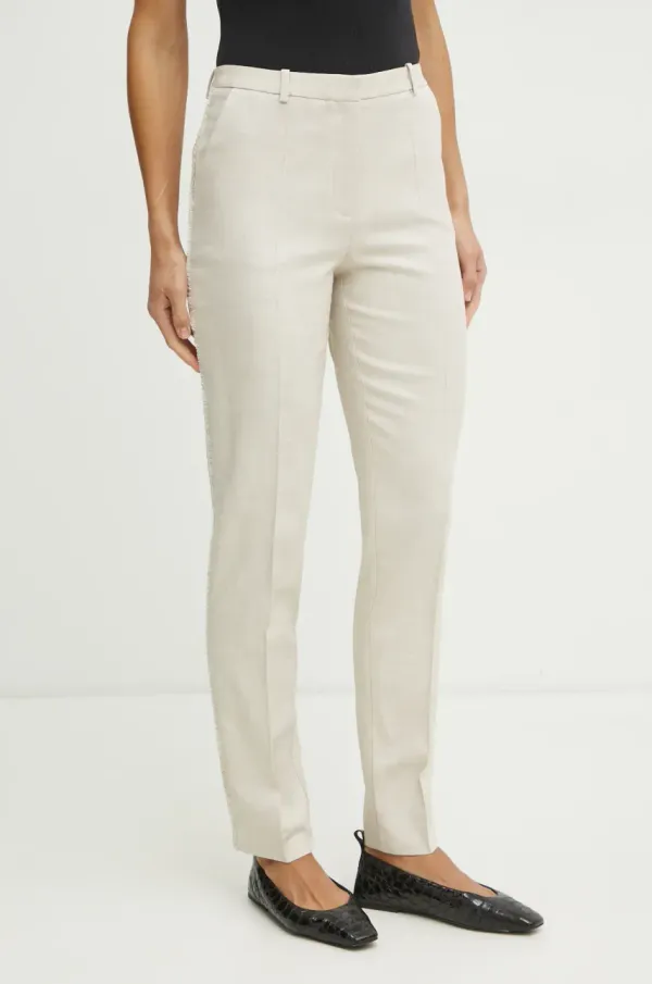 BOSS Hlače BOSS za žene, boja: bež, ravni kroj, visoki struk, 50537461