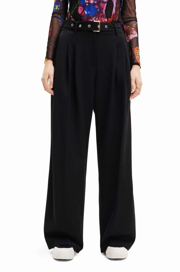 Desigual Hlače Desigual 23WWPW24 WOMAN WOVEN LONG TROUSERS za žene, boja: crna, široke, srednje visoki struk