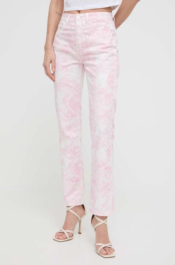 Guess Hlače Guess za žene, boja: ružičasta, ravni kroj, visoki struk