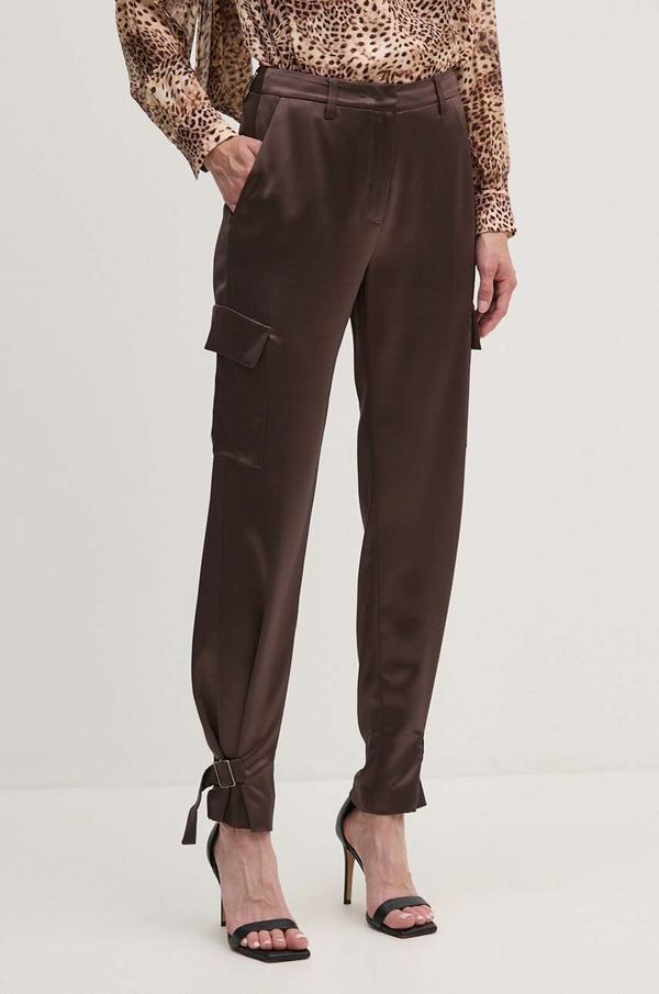 Guess Hlače Guess za žene, boja: smeđa, ravni kroj, visoki struk