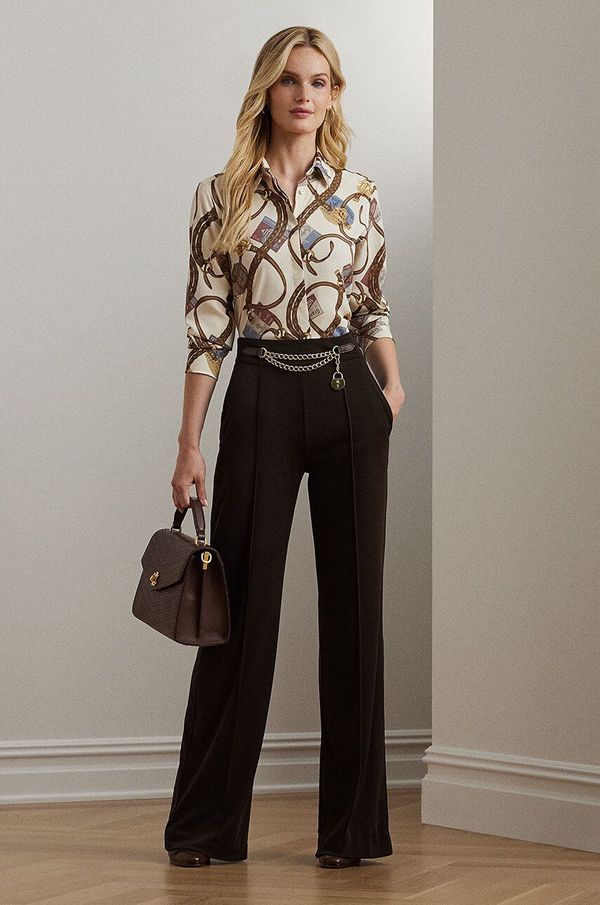 Lauren Ralph Lauren Hlače Lauren Ralph Lauren za žene, boja: smeđa, ravni kroj, visoki struk, 200953573