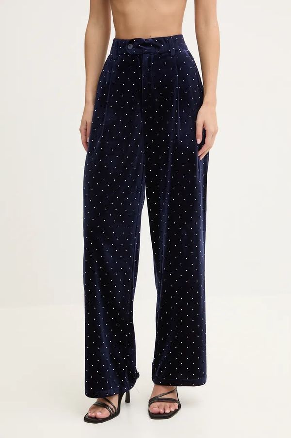 Never Fully Dressed Hlače od velura Never Fully Dressed Arden Trousers boja: tamno plava, ravni kroj, visoki struk, NFDTR382