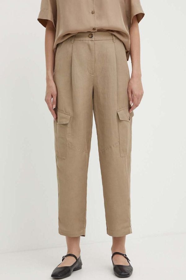 Marella Hlače s dodatkom lana Marella boja: bež, cargo kroj, visoki struk, 2413131045200