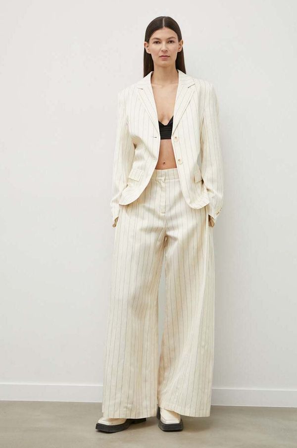 Remain Hlače s dodatkom lana Remain boja: bež, široke, visoki struk