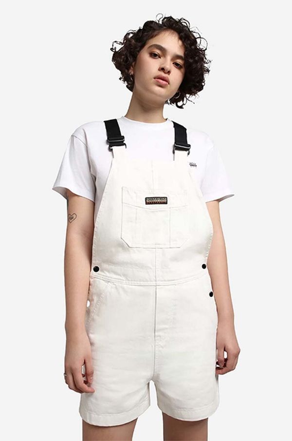 Napapijri Hlače s tregerima Napapijri N-Dru N za žene, boja: bijela, glatki materijal, visoki struk, NA4GCB.N1A-N1A