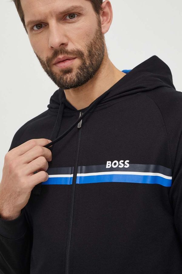 Boss Homewear pamučna dukserica BOSS boja: crna, s kapuljačom, s tiskom