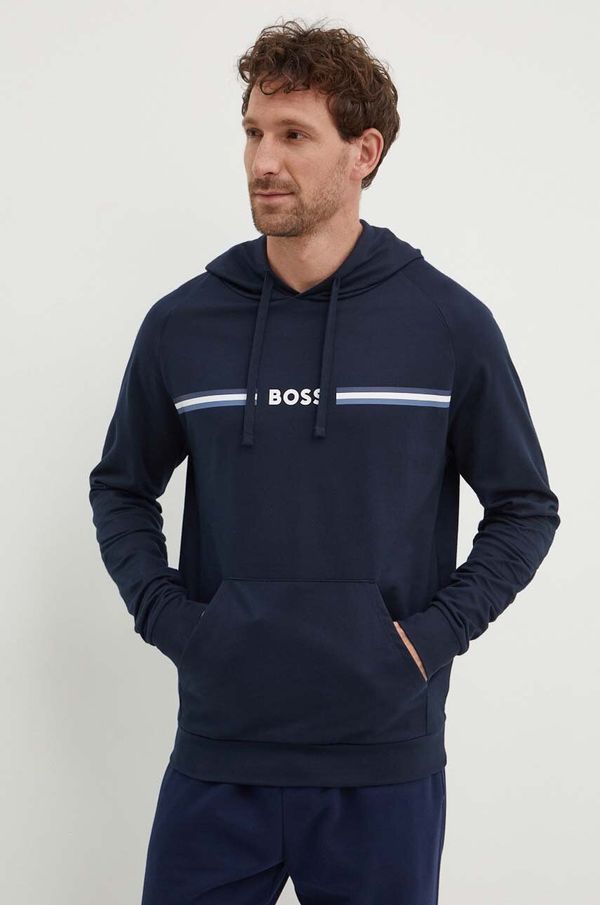 Boss Homewear pamučna dukserica BOSS boja: tamno plava, s kapuljačom, s tiskom, 50521766