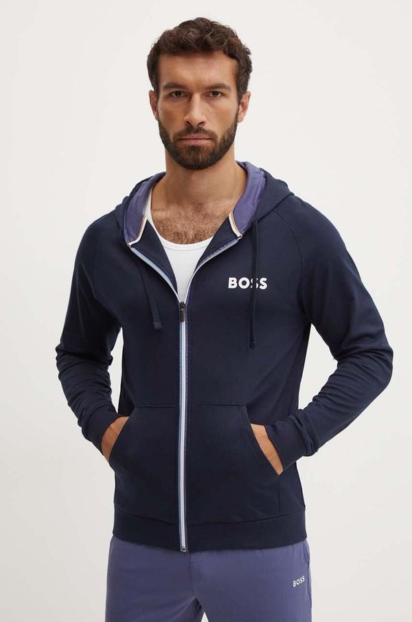 Boss Homewear pamučna dukserica BOSS boja: tamno plava, s kapuljačom, s tiskom, 50521773