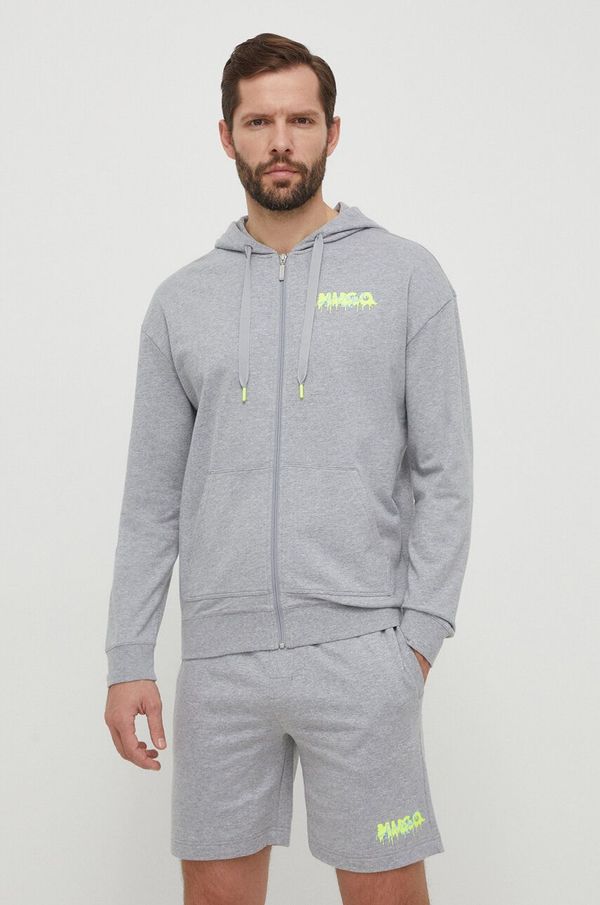 Hugo Homewear pamučna dukserica HUGO boja: siva, s kapuljačom, s tiskom, 50514981