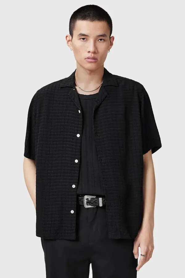 AllSaints Košulja AllSaints MADIN za muškarce, boja: crna, relaxed, s talijanskim ovratnikom, M038SC