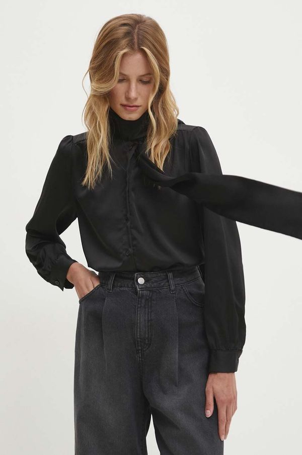 Answear Lab Košulja Answear Lab za žene, boja: crna, regular, s izrezom na vezanje