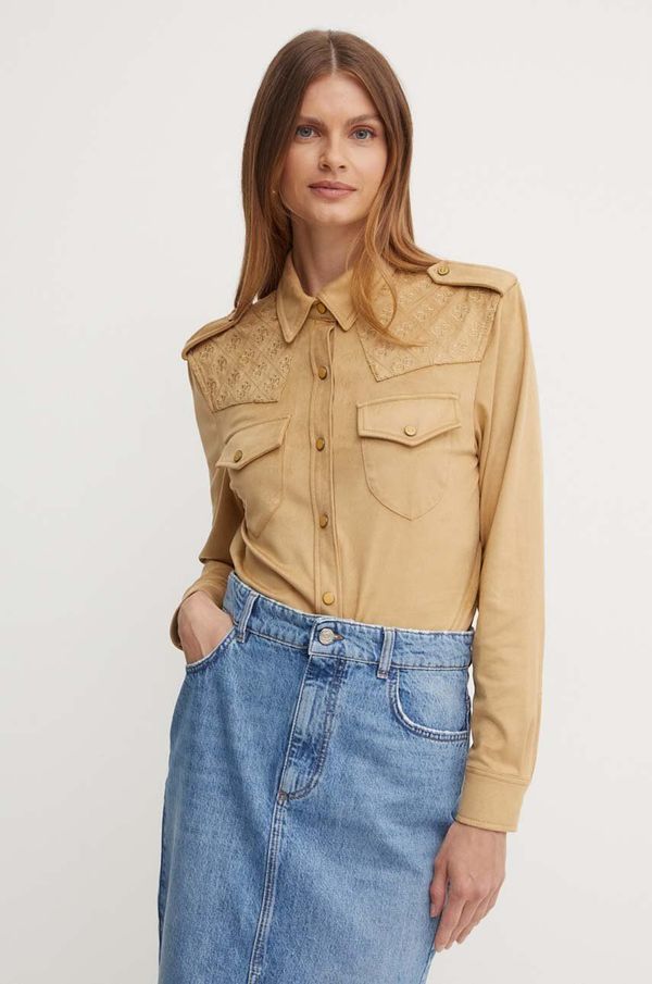 Guess Košulja Guess MARGOT za žene, boja: smeđa, regular, s klasičnim ovratnikom, W4YH0C WG6T0