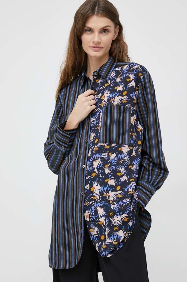 PS Paul Smith Košulja PS Paul Smith za žene, boja: tamno plava, relaxed, s klasičnim ovratnikom