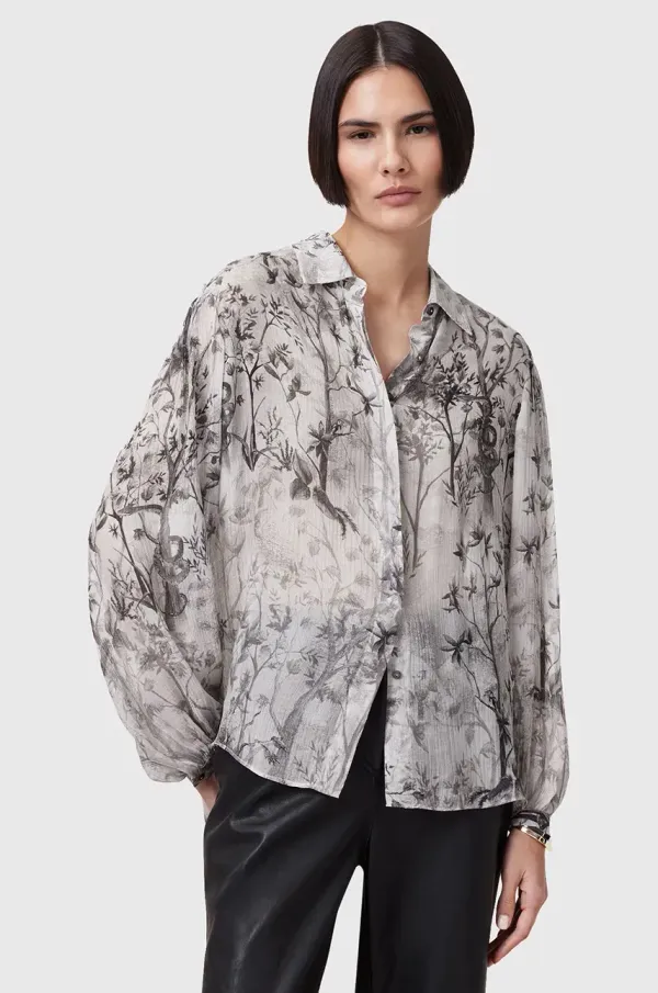AllSaints Košulja s primjesom svile AllSaints EDDIE za žene, boja: siva, relaxed, s klasičnim ovratnikom, W044PC