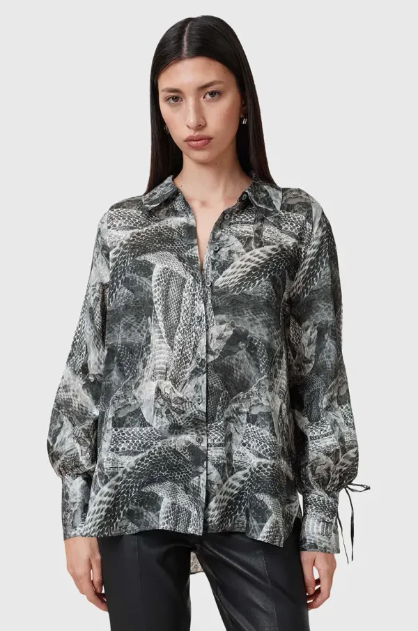 AllSaints Košulja s primjesom svile AllSaints LEYLA za žene, boja: siva, relaxed, s klasičnim ovratnikom, W042PC