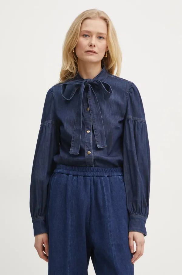 Twinset Košulja Twinset za žene, boja: tamno plava, regular, s izrezom na vezanje, 251TP2021