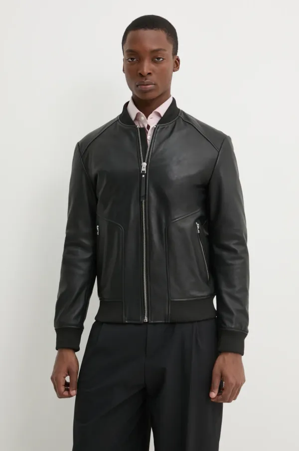 HUGO Kožna bomber jakna HUGO za muškarce, boja: crna, za prijelazno razdoblje, 50481934