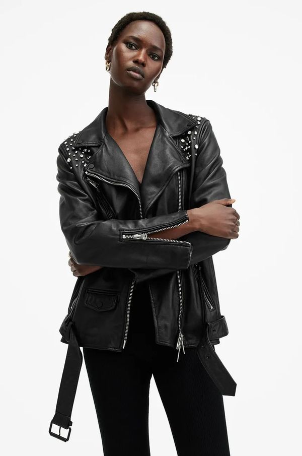 AllSaints Kožna jakna AllSaints BILLIE EMB za žene, boja: crna, za prijelazno razdoblje, W137LB