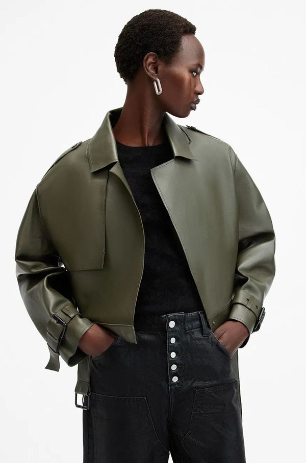 AllSaints Kožna jakna AllSaints OPHELIA za žene, boja: zelena, za prijelazno razdoblje, oversize, W045LB
