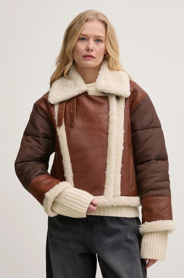 BA&SH Kožna jakna BA&SH EXPLORA za žene, boja: smeđa, za prijelazno razdoblje, oversize, 1E25EXPL