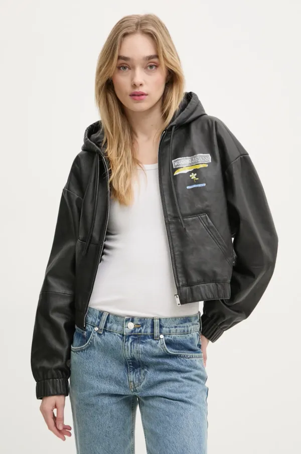 Moschino Jeans Kožna jakna Moschino Jeans za žene, boja: crna, za prijelazno razdoblje, oversize, 3707 3216