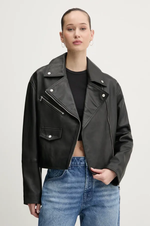 HUGO Kožna ramones jakna HUGO za žene, boja: crna, za prijelazno razdoblje, oversize, 50533803