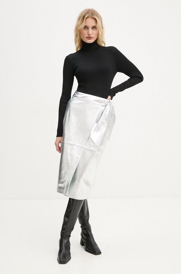 BA&SH Kožna suknja BA&SH boja: srebrna, midi, ravna, 1H24FAYE