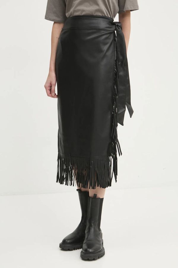Never Fully Dressed Kožna suknja Never Fully Dressed Vegan Leather Fringe Jaspre boja: crna, midi, pencil, NFDSK573