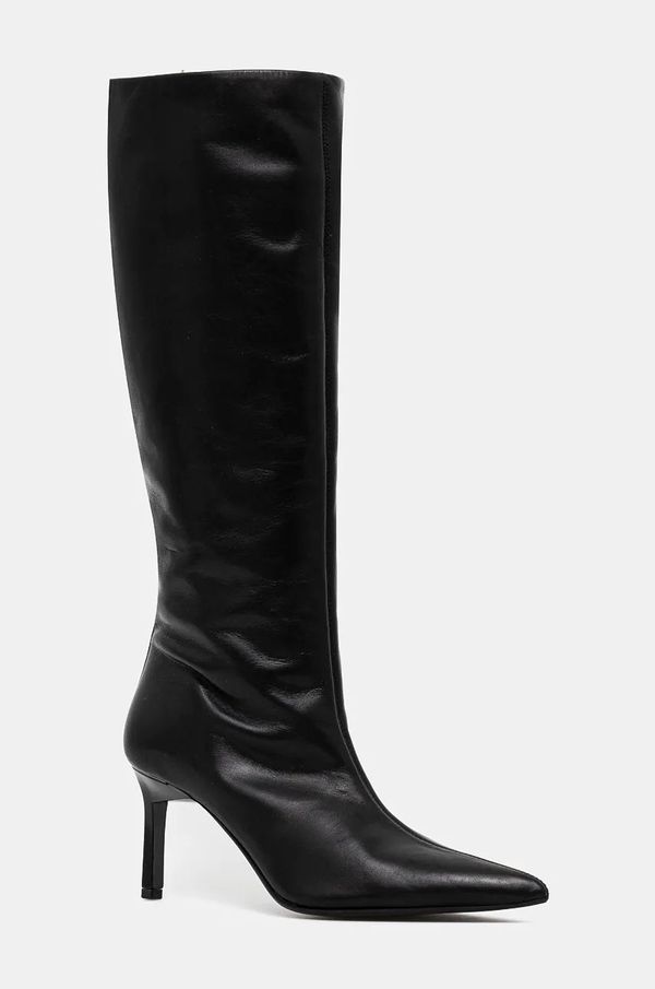 Calvin Klein Kožne čizme Calvin Klein HEEL KNEE BOOT 70 LTH za žene, boja: crna, s tankom potpeticom, HW0HW02162